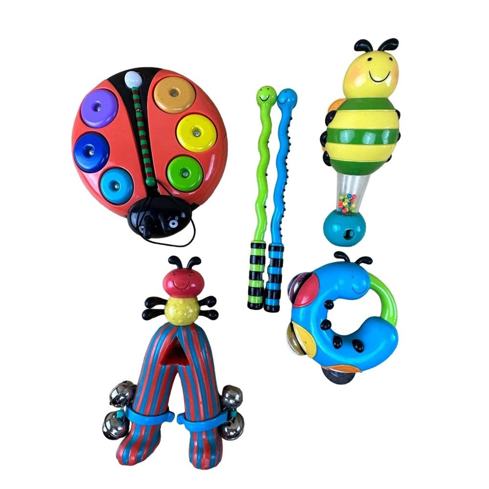 Parents Magazine Bee Bop Musical Instruments Maraca Drum Sticks Tambourine Bells